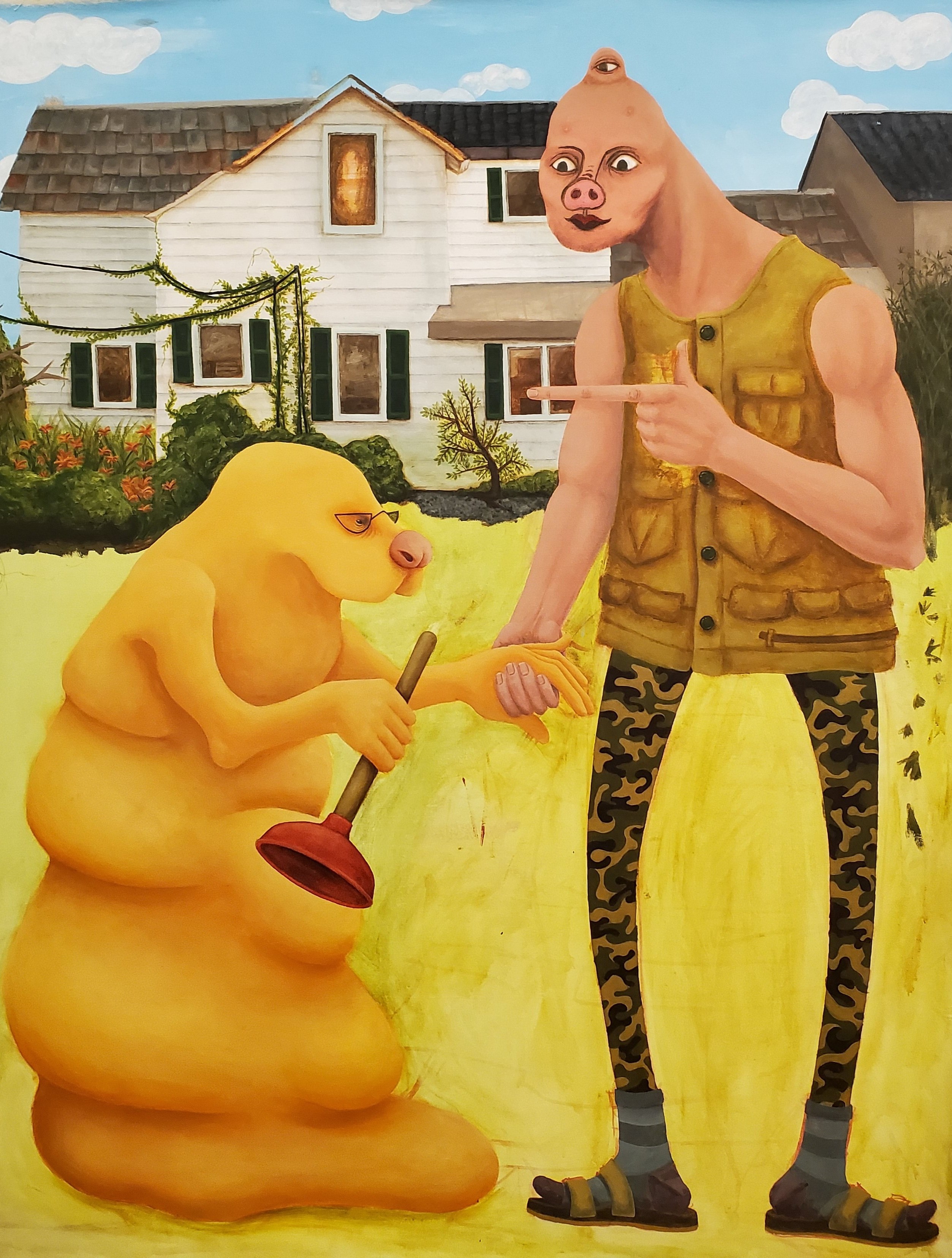 WORK IN PROGRESS!!! (UNFINISHED!) The Landlords | Acrylic with paper and fake grass on unstretched canvas, 2026